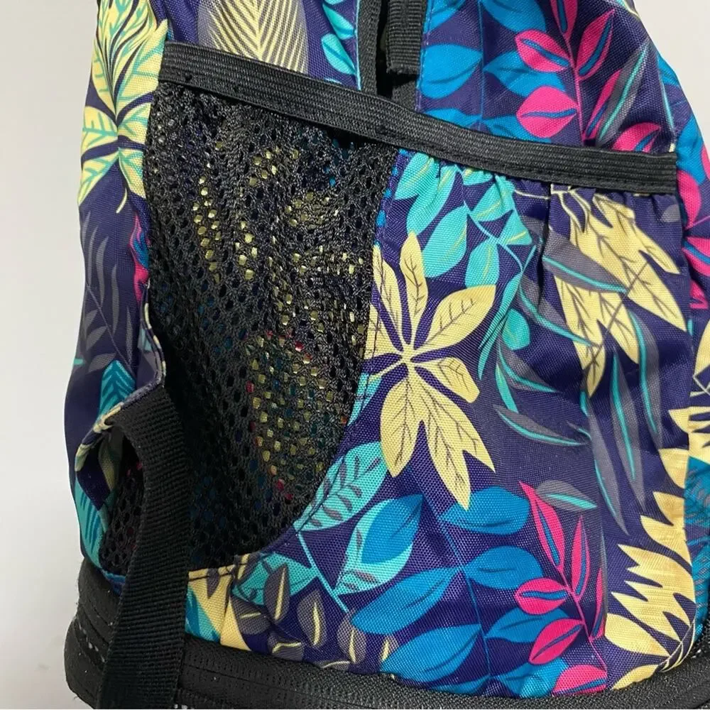 Blue and Yellow Tropical Print Backpack with Multiple Compartments